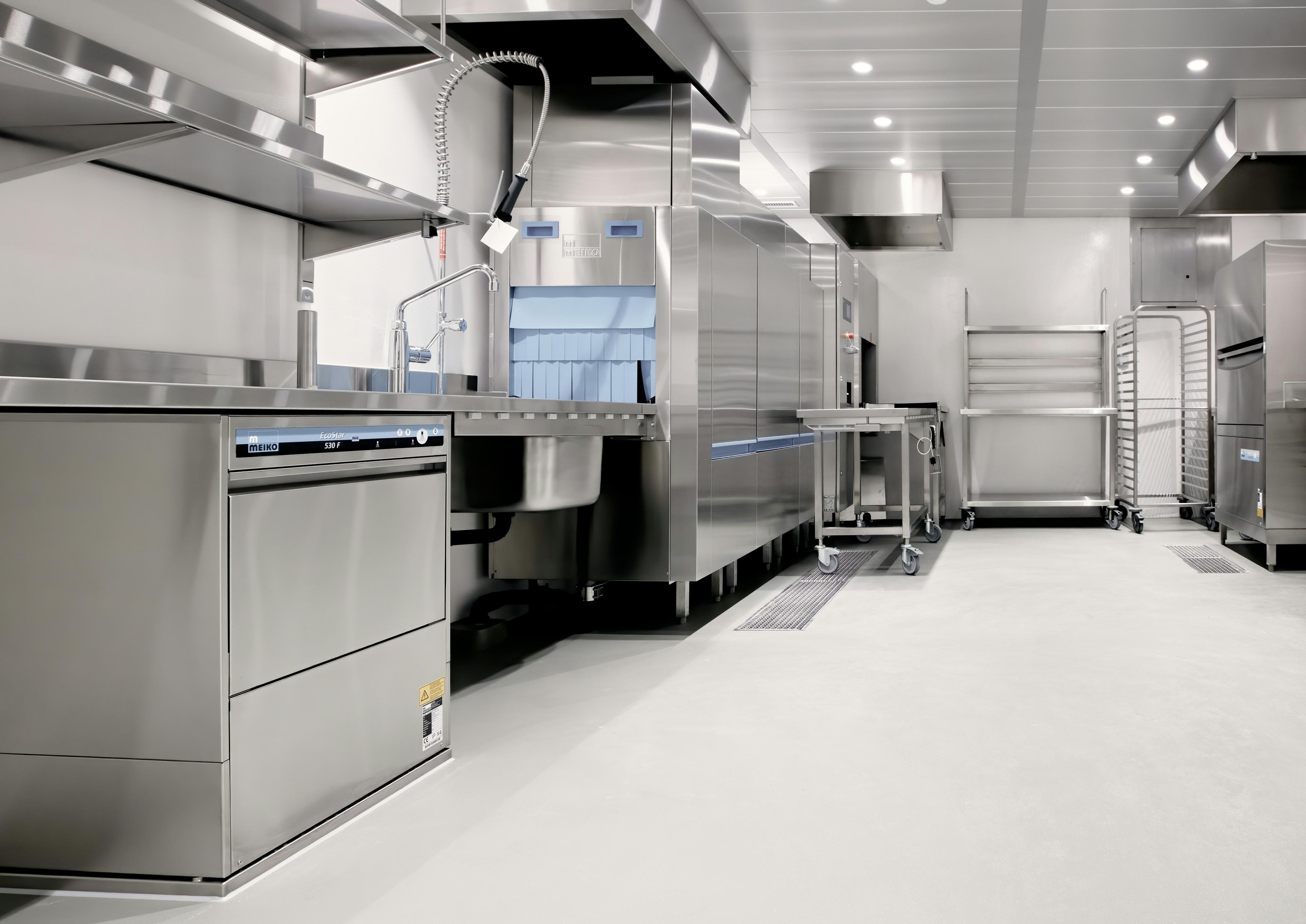 Commercial kitchen equipment — dishwashers, prep stations and ventilation